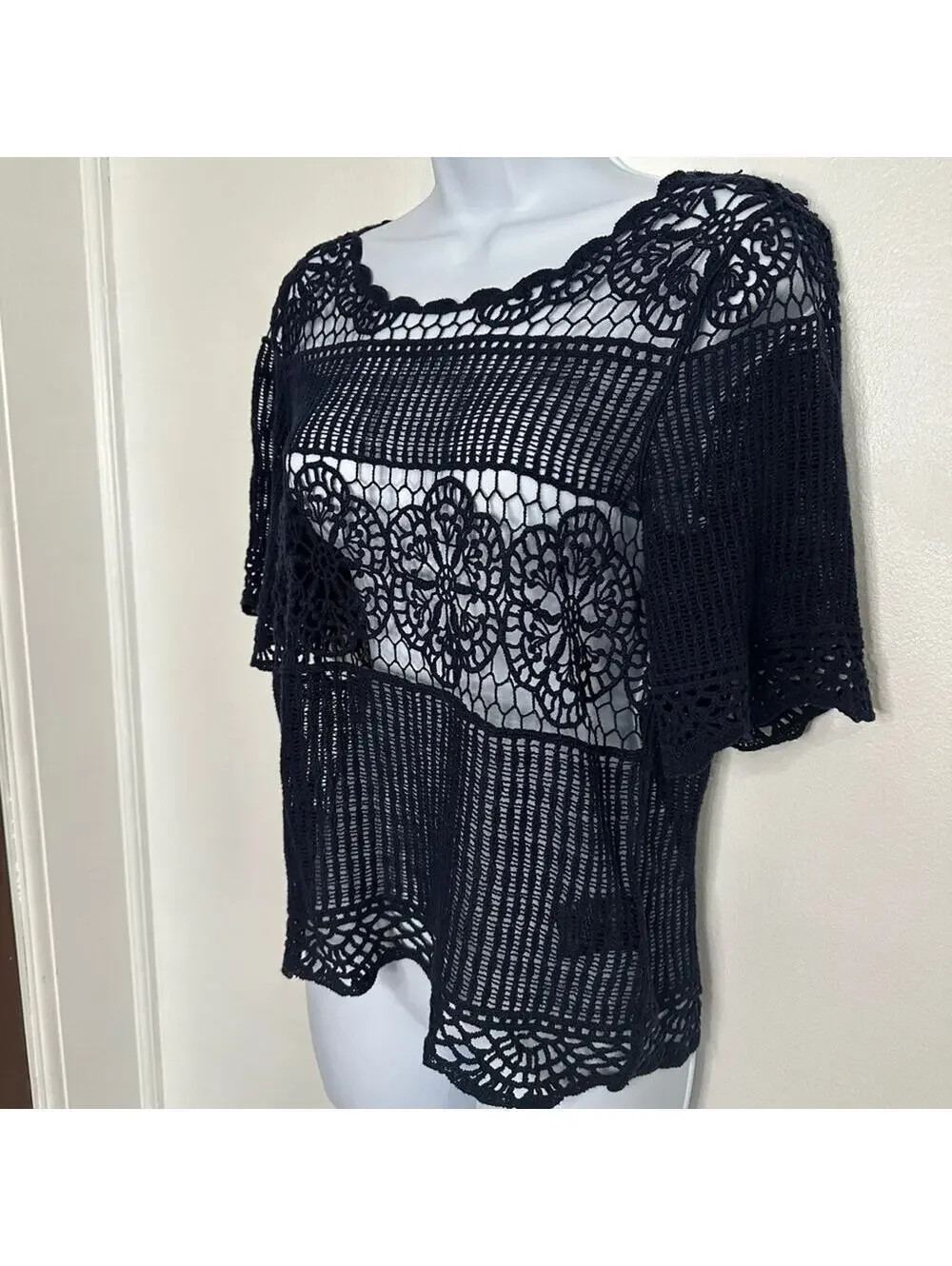Anthropologie James Coviello Small Navy Blue Open Crochet Cotton Short Sleeve